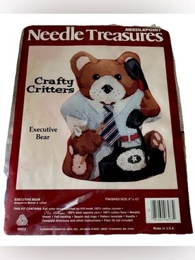 Needle Treasures Crafty Critters Executive Bear Needlepoint Kit Vintage Sealed